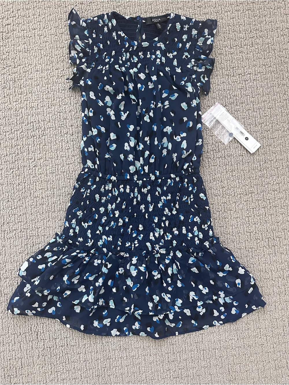 AQUA Girls Navy Speckle Floral Smocked Flutter Dress Size S NWT